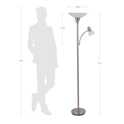 Catalina Lighting 17539-000 Traditional Metal Torchiere Floor Lamp with Reading Light and Frosted Glass Shade, Brushed Steel Classic