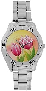 Custom Pink Tulips Flower Men's Stainless Steel Analog Watch