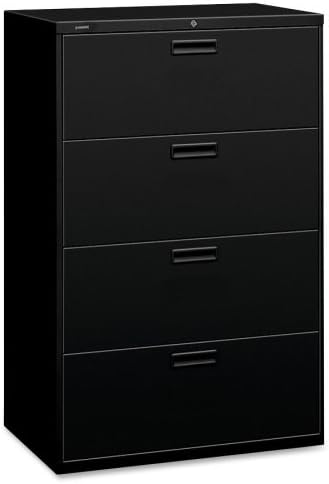 HON Products - HON - 500 Series Four-Drawer Lateral File, 36w x 53-1/4h x 19-1/4d, Black - Sold As 1 Each - An excellent choice for a small office or home office setting. - Heavy-duty three-part telescoping slide suspension operates on steel ball bearing suspension. - Mechanical interlock allows only one drawer to open at a time to inhibit tipping. - Four adjustable leveling glides. - Adjustable hang rails for side-to-side letter/legal filing.