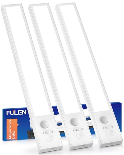FULEN Under Cabinet Lights,3 Pack Motion Sensor Closet Lights,2500mAh Rechargeable Battery Operated Cabinet Lighting,Stick-On LED Closet Light,Wireless Indoor Lights Bar for Kitchen,Closets,Cabinet