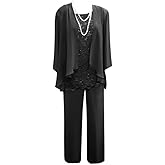 3 Pieces Mother of The Bride Pant Suits for Women Dressy Lace Wedding Formal Outfit with Jackets FT020