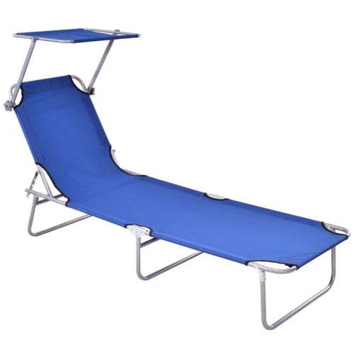 Heize best price Blue Foldable Outdoor Relax Chaise Lounge Beach Chair Bed Camping Recliner w/Canopy Cot Outdoor Portable Military Bed Hiking(U.S. Stock)