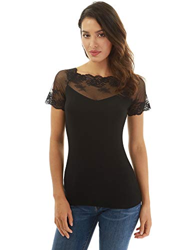 PattyBoutik Women Scalloped Lace Inset V Neck Top (Black 02 Medium)