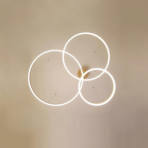 WayLuoung Metal LED Chandelier | 3 Circles 20+40+60cm | 45W Hanging Ceiling Light With Rings, Dimmable Remote Control 3000-6000K, Acrylic Lampshade Living Room Bedroom Foyer Dining Room【Gold】