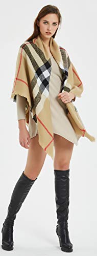 VIVIAN & VINCENT Women's Plaid Blanket Winter Scarf Warm Wrap Oversized Shawl Cape Beige