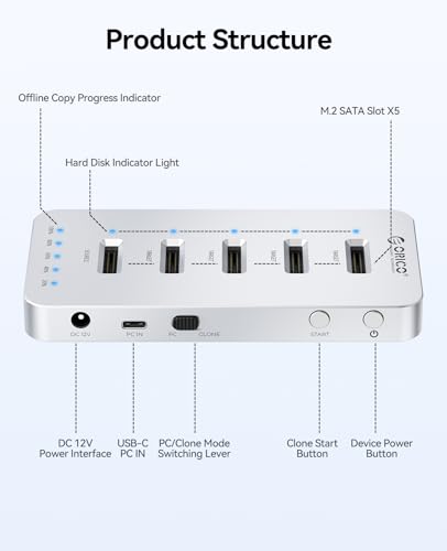 ORICO Caja de Clonación para SSD M.2 SATA, Estación de Acoplamiento de Aluminio con 5 Bahías para Discos Duros, Estación de Clonación sin Conexión USB 3.0 para SSD M.2 2230/2242/2260/2280/22110 - M55