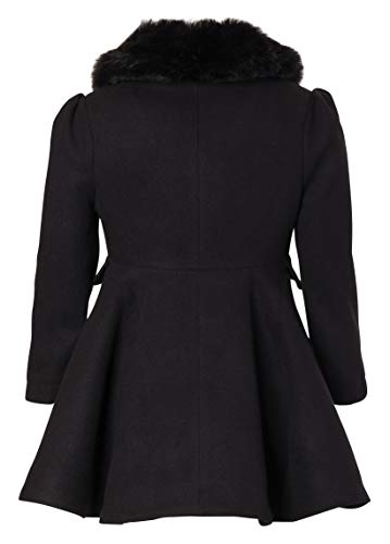 Cremson Girls' Wool Look Princess Winter Dress Pea Coat Jacket Faux Fur Collar - Black (Size 16)