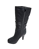 Top Moda Womens Page-43 Mid Calf Round Toe Slouched High Heel Boots, Black 8