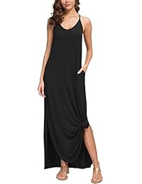 Bloggerlove Mujeres Verano Casual Cami Maxi Vestidos sueltos Cuello en V Playa Cubrir Vestido largo con bolsillos