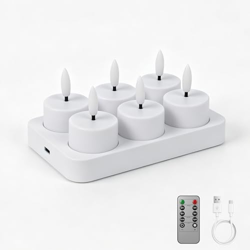 Dehobo Rechargeable LED Tea Light Candles Birthday Decoration 6 Pieces – Decorative Flame-Effect Candles with Charging Base More than 50 ~ 110 Hours – Flameless Candles for Party Home Living Room