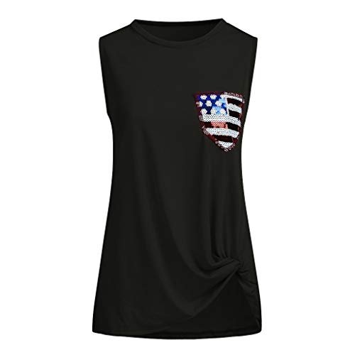 YEZIJIN Women's Sleeveless Stars Striped Print Asymmetric Hem Vest Tops for 4th of July 2019 Under 10 Dollars Black - Thumbnail 2