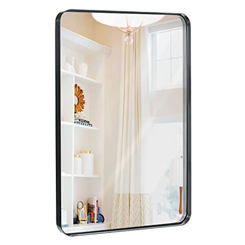 Hamilton Hills 24x36 inch Metal Black Frame Mirror for Bathroom Brushed Rectangular Rounded