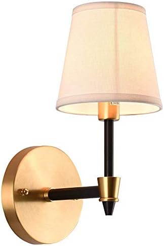 7PM W6" x H12" Rustic Brass Wall Sconce Lamp with White Fabric Drum Lamp Shade Wall Mounted Flush Mount Lighting Vintage Light Fixture for Bedroom Foryer Home Decor