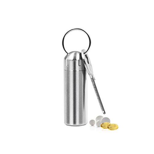 SHD Pill Box Keychain Waterproof Single Chamber Stainless Steel Pill Organizer for Outdoor Travel Camping