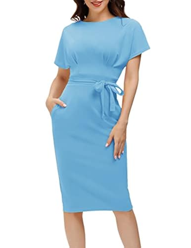 Retro Pencil Dresses for Women Slim Midi Work Business Office Dress with Pocket Sky Blue in Dubai - UAE | Whizz Wear to Work Retro Pencil Dresses for Women Slim Midi Work Business Office Dress with Pocket Sky Blue in Dubai - UAE | Whizz Wear to Work