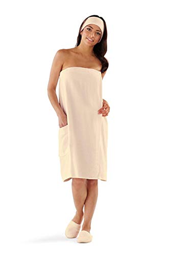 Boca Terry Womens Spa Wrap - 100% Cotton Spa, Shower, Bath and Gym Towel w Snaps - Ecru - Medium/Large