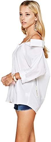 Trend Director Women's Off Shoulder Strap Button Down Oversized Sky Blue and White Shirts Blouse