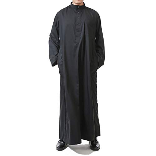 Muslim Men Long Sleeve Thobe Middle East Saudi Arab Kaftan Islamic Abaya Dress Dubai Robes (Black, L)