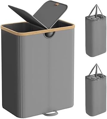 Wäschekorb 2 Fächer, Wäschesammler, 150 Liter, Wäschesortierer mit Deckel, Wäschetonne, Wäschesäcke herausnehmbar, für Waschküche, Schlafzimmer, Wohnzimmer, schiefergrau-naturbeige LCB523G01