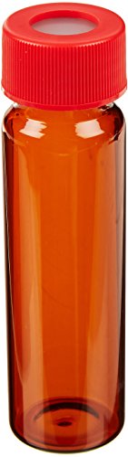 JG Finneran 9A-102R-3 Amber Borosilicate Glass Precleaned and Certified Vial with Red Polypropylene Open Top Closure and 0.125" PTFE/Silicone Septa, 24-414mm Cap Size, 40mL Capacity (Case of 72)