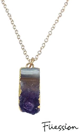 Amethyst Slice Necklace - Geode Druzy Crystal - Long Layering Necklace - FJGC07