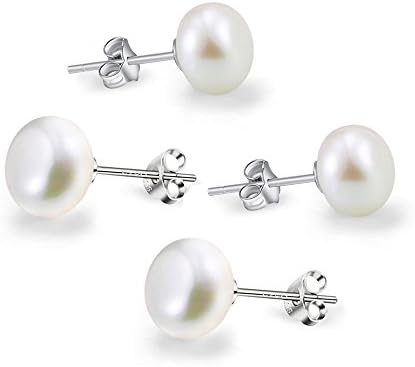 Millechic Sterling Silver Freshwater Pearl Earring 7-8 mm Round Ball Stud for Women Girls (2 Pack)
