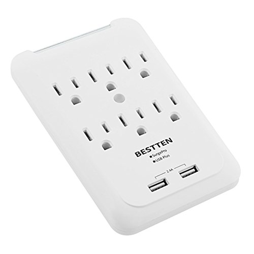 Bestten 6-Outlet Surge Protector Wall Mount Adapter with 2 USB Charging Ports, ETL Certified