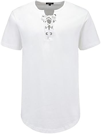 Men Fashion T-Shirt Hip Hop Short Sleeve Lace Up Longline V Neck Hipster Curved Hem Tops (White, XL)