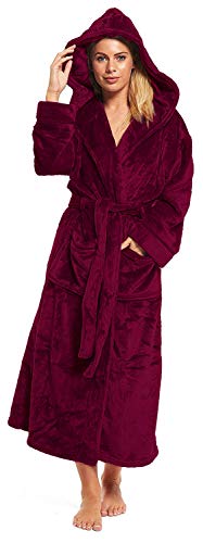 [- Ladies Fleece Dressing Gown Long Length Luxury Hooded Snuggle Winter Housecoat Robe Grey Berry T