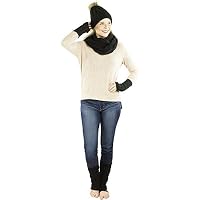 Exotic Identity Pom Pom Hat, Infinity Scarf, Fingerless Gloves, and Leg Warmers Cable Knit 4-Piece Gift Set Tundra Cold Weather Wear for Women - One Size - Black