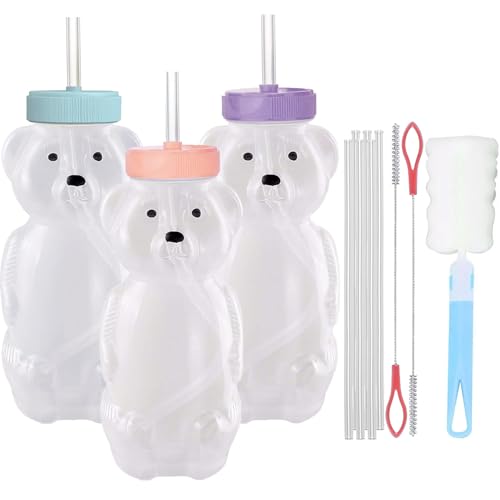 Vaso con popote para bebe 3 Piezas, vaso entrenador con popote, botellas en forma de oso, con cepillo para limpiar paja, grado alimenticio, sin BPA (Rosa + Púrpura + Azul)