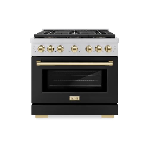 ZLINE Autograph Edition 36 in. 5.2 cu. ft. Paramount Gas Range with 6 Burner DuoPro™ Cooktop and Convection Gas Oven with Black Matte Door and Polished Gold Accents (PSGRZ-BLM-36-G)