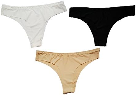 Women Lingerie Underwear Ice-silk Invisiable T Back Thong Panties 2 pack (3pcs, black, white and skin)