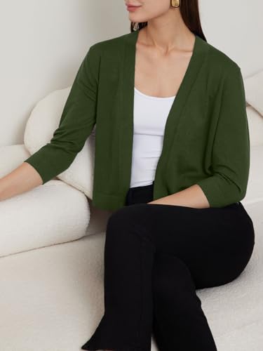 LANSALIRO WOMEN’S CASUAL 3/4 SLEEVE SWEATER SHRUGS OPEN FRONT LIGHTWEIGHT KNITTED CARDIGANS D GREEN