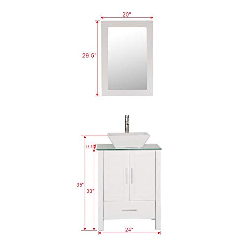 60" Bathroom Vanity Cabinet with Double Sink Combo Glass Top White MDF Wood w/Mirror Faucet Drain Set