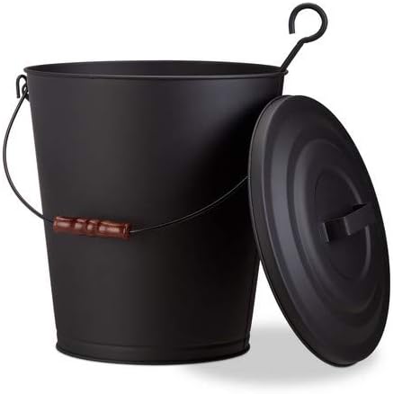 Relaxdays Ash Bucket with Lid, Steel 24 L Charcoal Bin, With Wooden Handle, Black, 35.5 x 35.5 x 43 cm