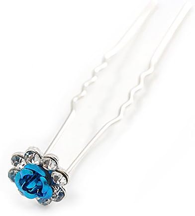 Bridal/Wedding/Prom/Party Set Of 6 Clear Austrian Crystal Teal Blue Rose Flower Hair Pins In Silver Tone, Blue,Rose,Silver - Image 5