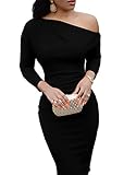 Jeanewpole1 Womens One Off Shoulder Midi Dress Long Sleeve Stretchy Sexy Bodycon Party Pencil Dress