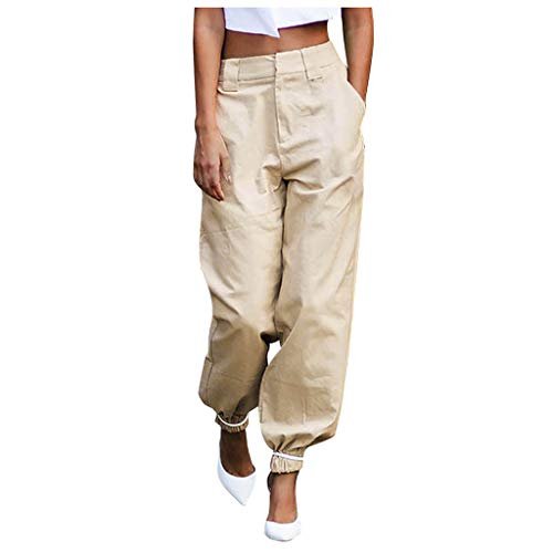 MILIMIEYIK Women's Casual Loose Paper Bag Waist Long Pants Trousers Shorts with Pockets Khaki - Thumbnail 7