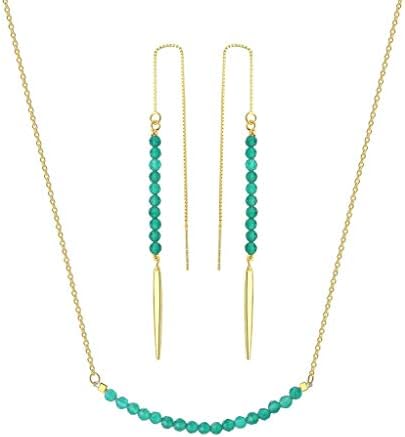 Women 925 Silver Faceted Round Birthstone/Genuine Gem Bar Choker Necklace and Drop Dangle Earrings Set