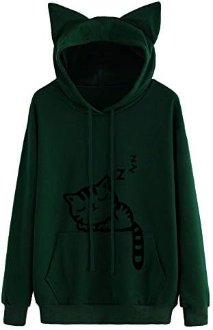 Cats Hoody Linqi1164 Women Long Sleeve Lovely Animals Print Pockets Shirts with Kangaroo Pockets Sweatshirt Hoodie Jumper Tops Blouse for Teens Girls