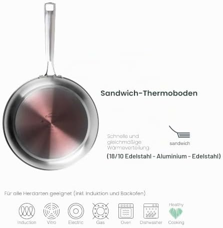 - 44420 - Cuisine Bratpfanne aus Edelstahl 18/10, ohne Antihaftbeschichtung, ergonomischer Griff, Vollinduktionsboden, geeignet für Induktion, Ofen und Spülmaschine, Ø 20 cm, Höhe 5 cm