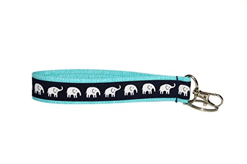 Elephants Keychain - Key Fob Wristlet - Navy - Aqua - Purse or Wallet Strap - Safari - Africa - Zoo