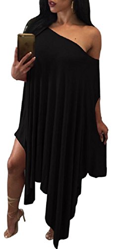 Women's Oblique Shoulder Batwing Sleeve Irregular Loose Poncho Dress Tunics Top Black L