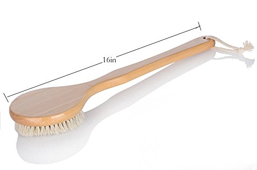 Suyisuer 100% Natural Horse Bristles Bath Brush,Body Scrubber ,Exfoliating Body Massager with Long Wooden Handle for Dry Brushing and Shower, Foot File for Feet and Hands