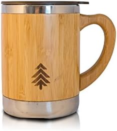 Stainless Steel and Bamboo Insulated Mug with Lid and Handle - Eco Friendly Natural Wood Design - Great for Coffee, Tea or Beer - 9oz