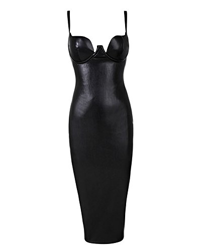 UONBOX Women's Leather Sexy Strap Sleeveless Cocktail Midi Bodycon Dress