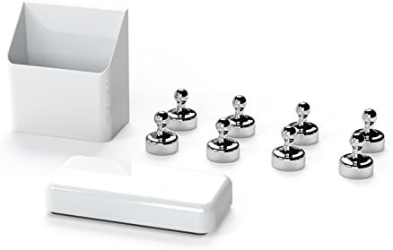 GlasMag Silver Magnetic Accessory Kit for Glass Whiteboards: 8 Chrome Pawns + Mighty Marker Holder + Classic Eraser