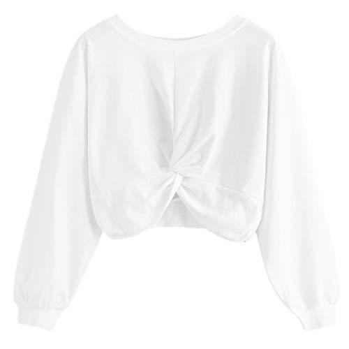 Women Pure Color Round Neck Short Sweater Long Sleeve Basic Front Knot Crop Top T-Shirt for Girl Clearence White