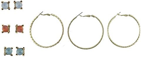 Fun Jewelry Men's Earring Set, 3 Hoops with 3 Trendy Colored Stone Studs, 6 Piece